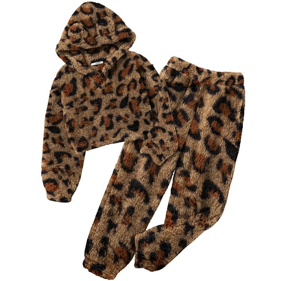 Oudiya Girls 2 Piece Sweatsuit Outfits Bear Ear Fuzzy Long Sleeve Hoodie Sweatshirt and Sweatpant Clothing Set for Kids 5-13Y