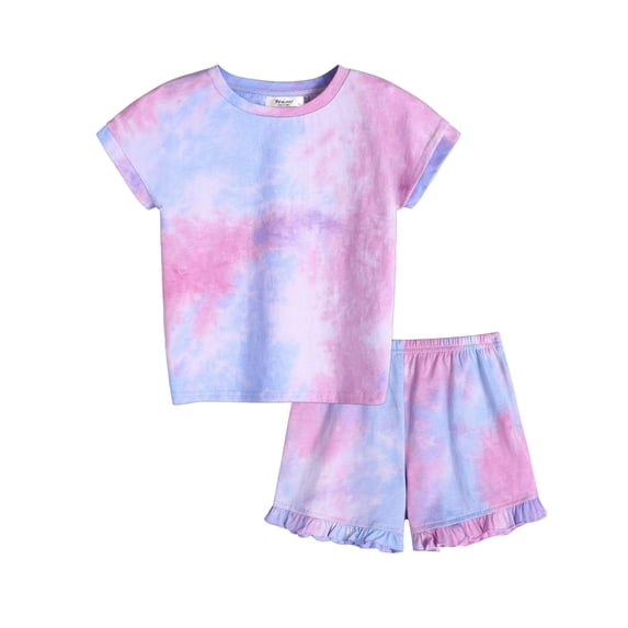 Oudiya Girls 2 Piece Tie Dye Pajamas Set Summer Trendy Outfit Lounge Set Kids Sleepwear