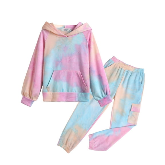 Oudiya Girls 2 Piece Tie Dye Sweatsuit Set Long Sleeve Athletic Sweatshirts and Sweatpants with Pockets Outfits, 6-13Y