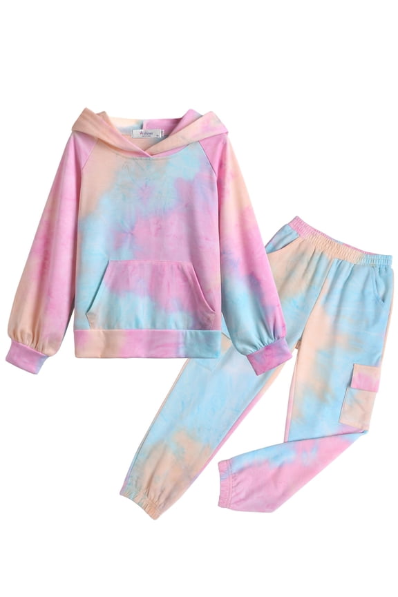 Girls 2 Piece Tie Dye Sweatsuit Set Long Sleeve Athletic Sweatshirts and Sweatpants with Pockets Outfits, 6-13Y