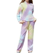 OUDIYA Girls 2 Piece Tie Dye Sweatsuit Set Tracksuits Pullover Sweatshirts and Sweatpants with Pockets, 4-12Y