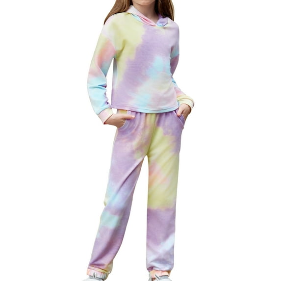 Oudiya Girls 2 Piece Tie Dye Sweatsuit Set Tracksuits Pullover Sweatshirts and Sweatpants with Pockets, 4-12Y