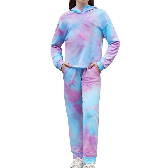 Oudiya Girls 2 Piece Tie Dye Sweatsuit Set Tracksuits Pullover Sweatshirts and Sweatpants with Pockets, 4-12Y