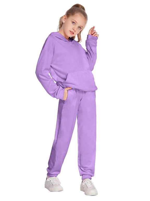 Girls 2 Piece Velour Tracksuit Set Athletic Sportswear Hoodie Sweatshirt and Sweatpant Clothing Sets for Kids