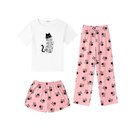 Oudiya Girls 3 Piece Pajama Set Short Sleeve Sleepwear Summer Cute Pjs Outfits with Hidden Pockets for Kids 4-13Y