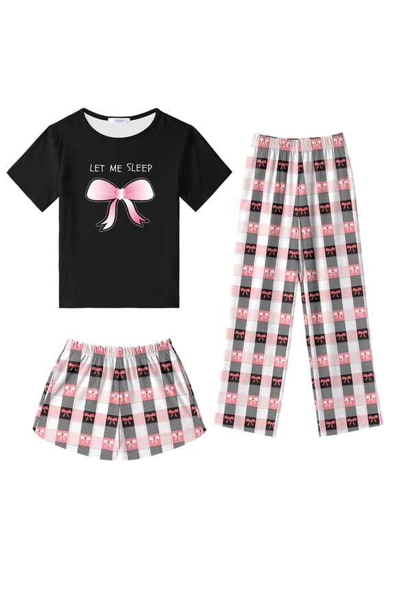 Girls 3 Piece Pajama Set Short Sleeve Sleepwear Summer Cute Pjs Outfits with Hidden Pockets for Kids 4-13Y