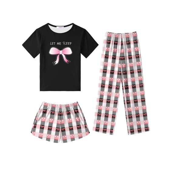 Oudiya Girls 3 Piece Pajama Set Short Sleeve Sleepwear Summer Cute Pjs Outfits with Hidden Pockets for Kids 4-13Y