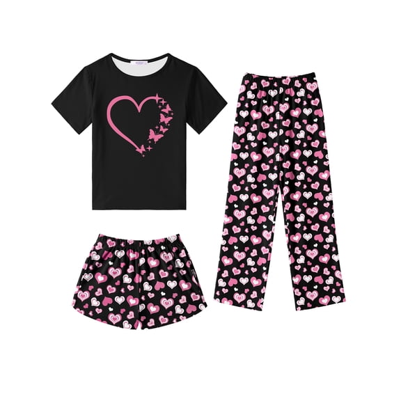 Oudiya Girls 3 Piece Pajama Set Short Sleeve Sleepwear Summer Cute Pjs Outfits with Hidden Pockets for Kids 4-13Y
