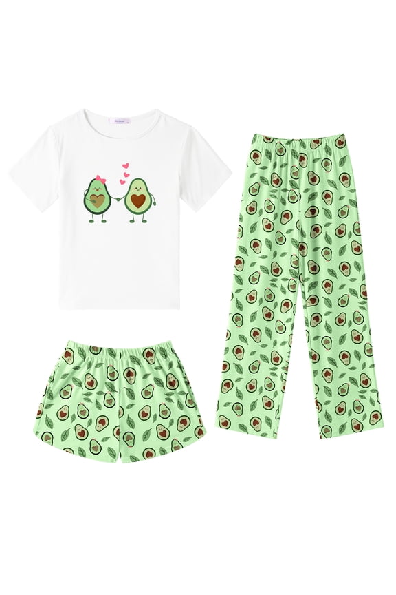 Girls 3 Piece Pajama Set Short Sleeve Sleepwear Summer Cute Pjs Outfits with Hidden Pockets for Kids 4-13Y