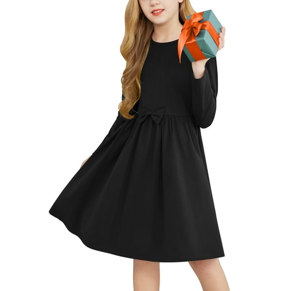 Oudiya Girls Long Sleeve Bow Tie Dress Causal A line Black Party Dress for Kids 4-13Y