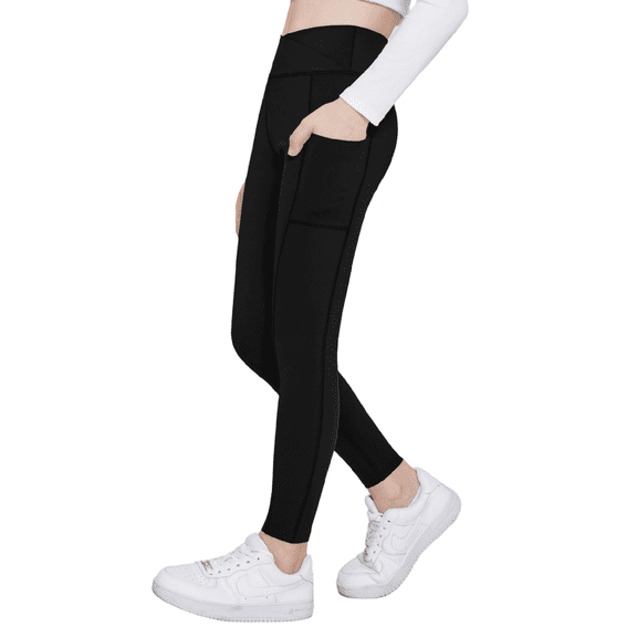 Oudiya Girls Athletic Leggings with Pockets High Waisted Crossover Yoga Pants Dance Workout Running Bottoms for Kids 5-14Y