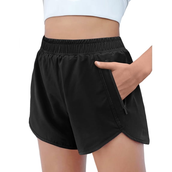 Oudiya Girls Athletic Shorts with Zipper Pockets High Waisted Running Shorts Basketball Volleyball Gym Sports Active Shorts for Kids 5-15Y