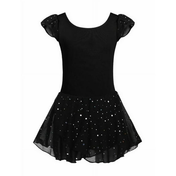 Oudiya Girls Ballet Dance Dress Leotards Ruffle Sleeve Shiny Ballet Tutu Skirt Black for 4-5Y