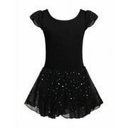 OUDIYA Girls Ballet Dance Dress Leotards Ruffle Sleeve Shiny Ballet Tutu Skirt Black for 6-7Y
