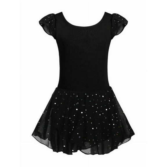 Oudiya Girls Ballet Dance Dress Leotards Ruffle Sleeve Shiny Ballet Tutu Skirt Black for 6-7Y