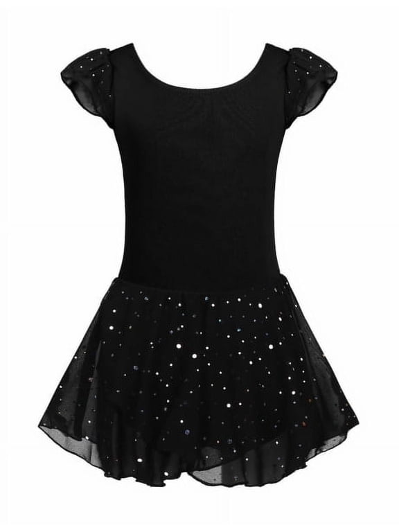 Girls Ballet Dance Dress Leotards Ruffle Sleeve Shiny Ballet Tutu Skirt Black for 6-7Y