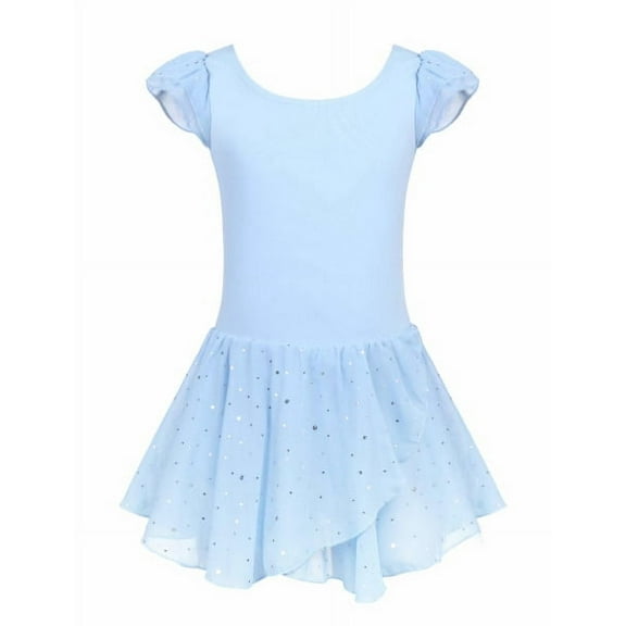 Oudiya Girls Ballet Dance Dress Leotards Ruffle Sleeve Shiny Ballet Tutu Skirt Blue for 4-5Y