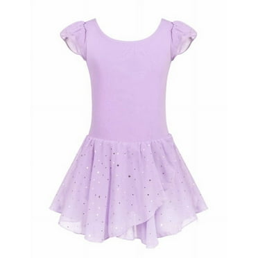 Oudiya Girls Ballet Dance Dress Leotards Ruffle Sleeve Shiny Ballet Tutu Skirt Lilac for 4-5Y