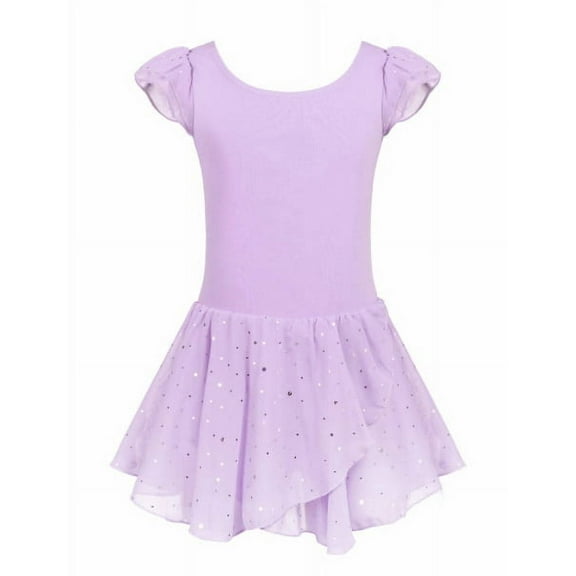 Oudiya Girls Ballet Dance Dress Leotards Ruffle Sleeve Shiny Ballet Tutu Skirt Lilac for 8-9Y