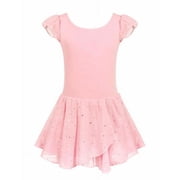 Oudiya Girls Ballet Dance Dress Leotards Ruffle Sleeve Shiny Ballet Tutu Skirt Pink for 10-11Y