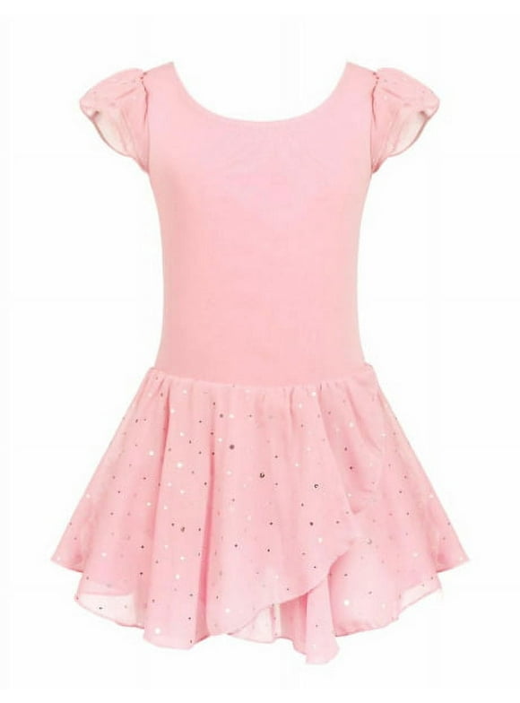 Girls Ballet Dance Dress Leotards Ruffle Sleeve Shiny Ballet Tutu Skirt Pink for 4-5Y