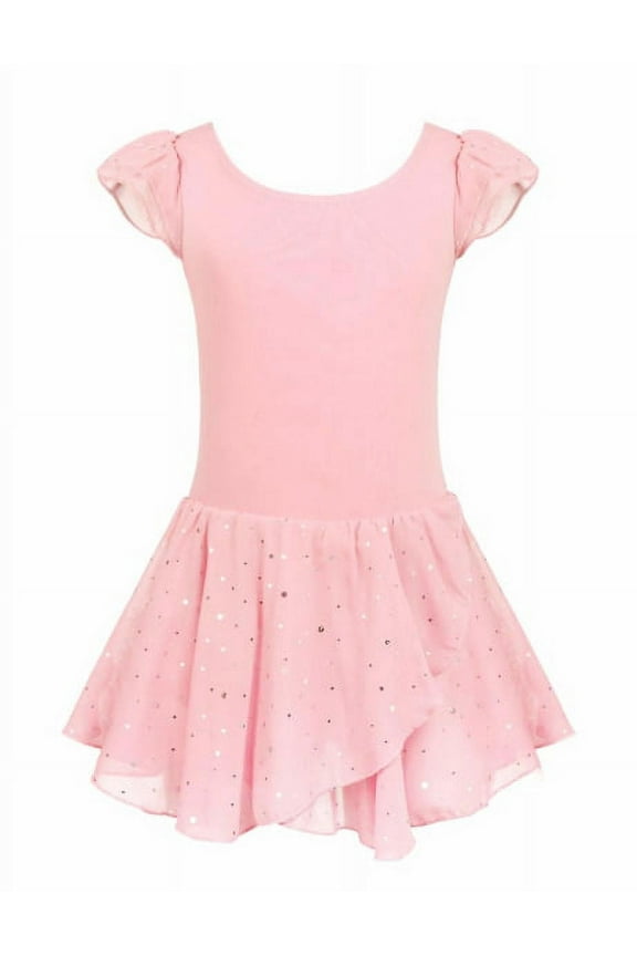 Girls Ballet Dance Dress Leotards Ruffle Sleeve Shiny Ballet Tutu Skirt Pink for 6-7Y