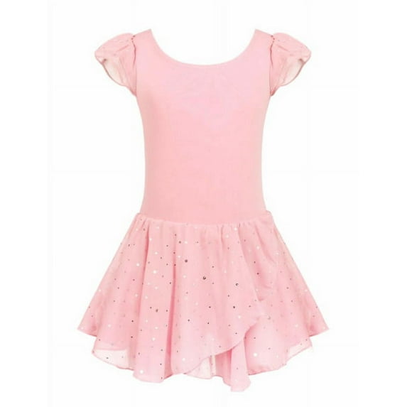 Oudiya Girls Ballet Dance Dress Leotards Ruffle Sleeve Shiny Ballet Tutu Skirt Pink for 6-7Y