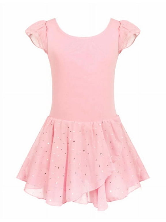Girls Ballet Dance Dress Leotards Ruffle Sleeve Shiny Ballet Tutu Skirt Pink for 6-7Y