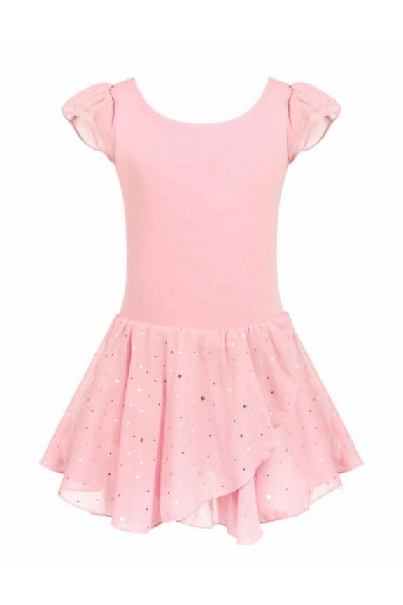 Girls Ballet Dance Dress Leotards Ruffle Sleeve Shiny Ballet Tutu Skirt Pink for 8-9Y