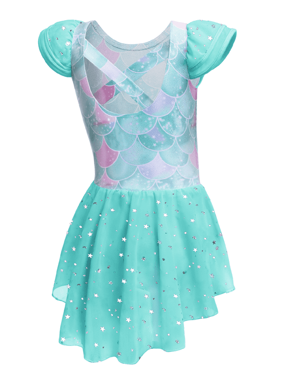 Girls Ballet Dress Ruffle Sleeve Dance Leotard with Skirt Criss Cross Back Dance Clothes for Kids 3-4Y