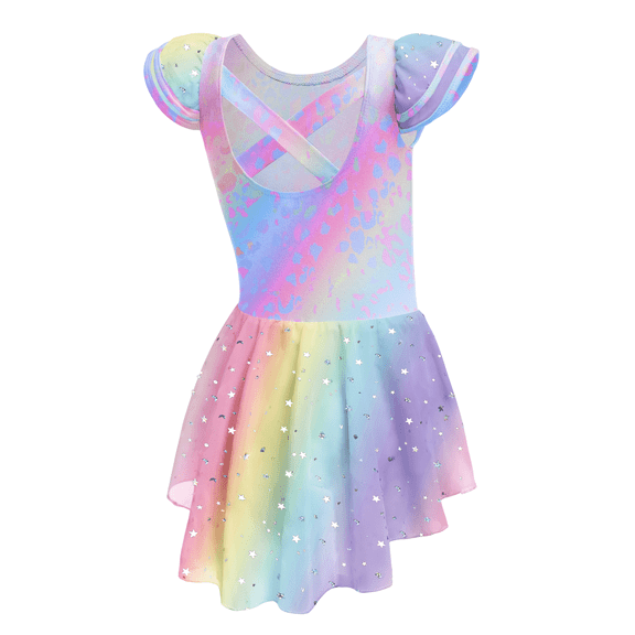 Oudiya Girls Ballet Dress Ruffle Sleeve Dance Leotard with Skirt Criss Cross Back Dance Clothes for Kids 6-7Y