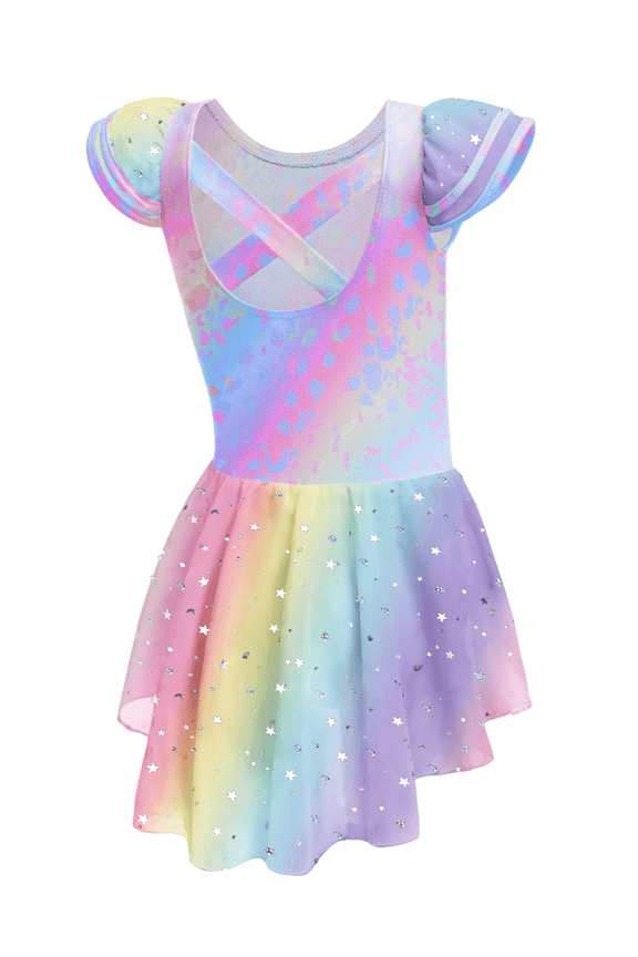 Girls Ballet Dress Ruffle Sleeve Dance Leotard with Skirt Criss Cross Back Dance Clothes for Kids 6-7Y