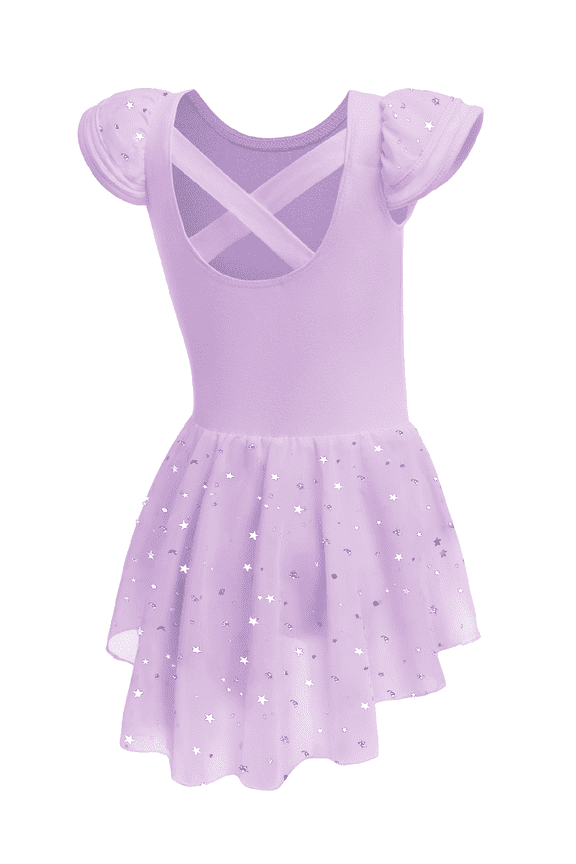 Girls Ballet Dress Ruffle Sleeve Dance Leotard with Skirt Criss Cross Back Dance Clothes for Kids 6-7Y