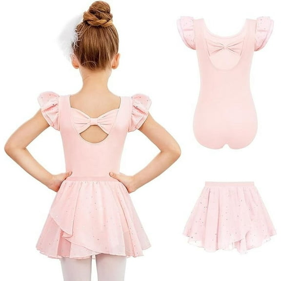 Oudiya Girls Ballet Leotards Ruffle Sleeve Bow Back Toddler Dance Outfits Leotard with Removable Shinny Skirt Combo 3-11Y