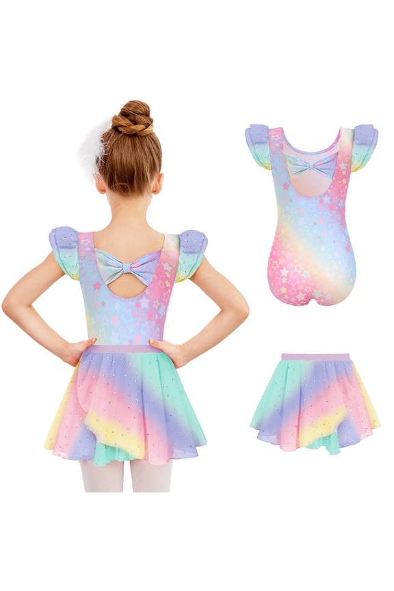 Girls Ballet Leotards Ruffle Sleeve Bow Back Toddler Dance Outfits Leotard with Removable Shinny Skirt Combo 3-11Y