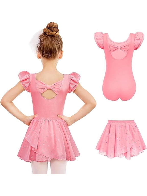 Girls Ballet Leotards Ruffle Sleeve Bow Back Toddler Dance Outfits Leotard with Removable Shinny Skirt Combo 3-11Y