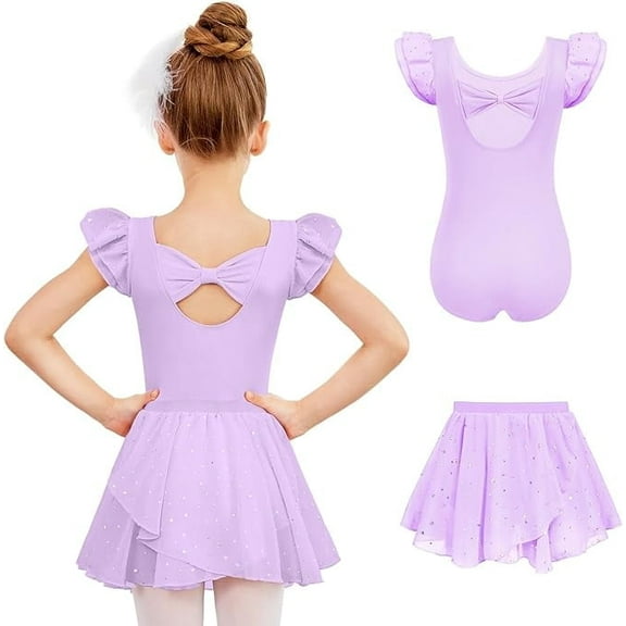 Oudiya Girls Ballet Leotards Ruffle Sleeve Bow Back Toddler Dance Outfits Leotard with Removable Shinny Skirt Combo 3-11Y