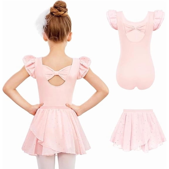 Oudiya Girls Ballet Leotards Ruffle Sleeve Bow Back Toddler Dance Outfits Leotard with Removable Shinny Skirt Combo 3-11Y