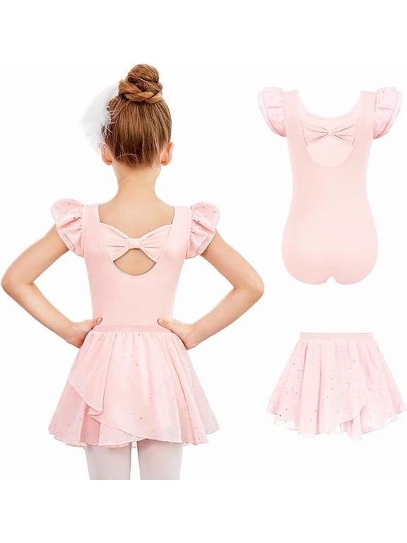 Girls Ballet Leotards Ruffle Sleeve Bow Back Toddler Dance Outfits Leotard with Removable Shinny Skirt Combo 3-11Y