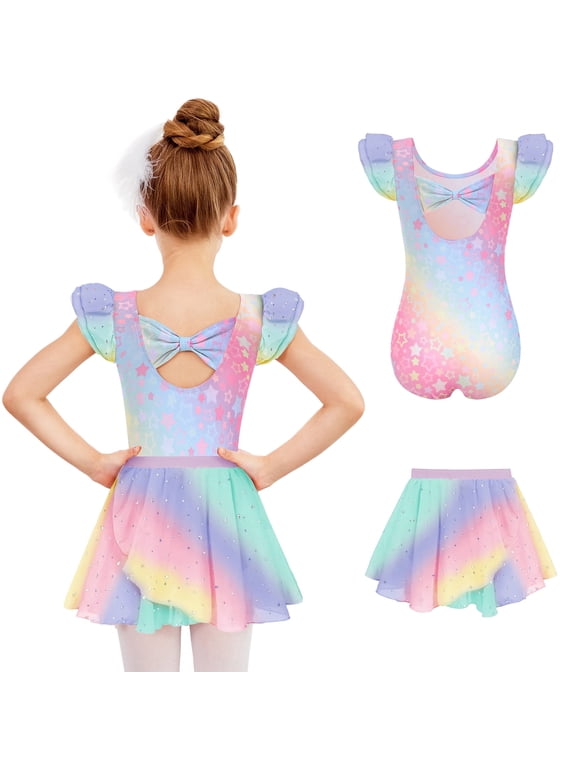 Girls Ballet Leotards Ruffle Sleeve Bow Back Toddler Dance Outfits Leotard with Removable Shinny Skirt Combo 3-11Y