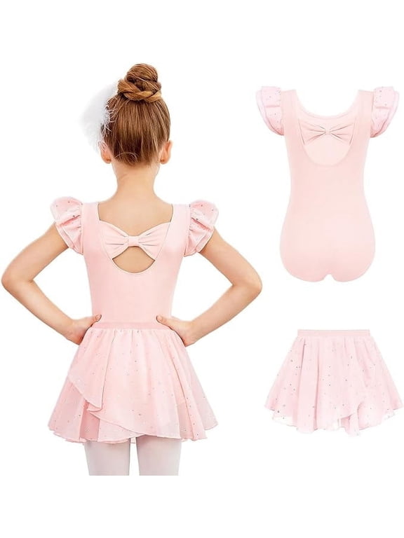 Girls Ballet Leotards Ruffle Sleeve Bow Back Toddler Dance Outfits Leotard with Removable Shinny Skirt Combo 3-11Y