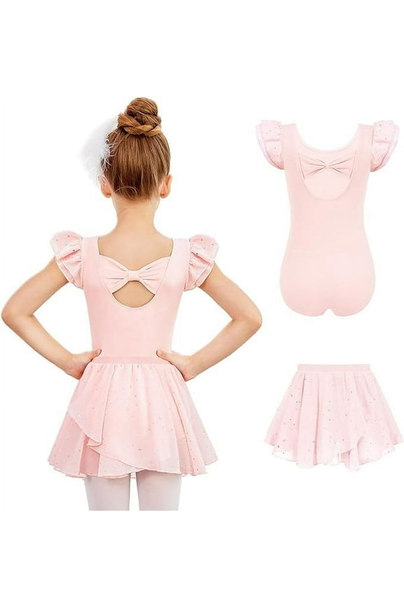 Girls Ballet Leotards Ruffle Sleeve Bow Back Toddler Dance Outfits Leotard with Removable Shinny Skirt Combo 3-11Y