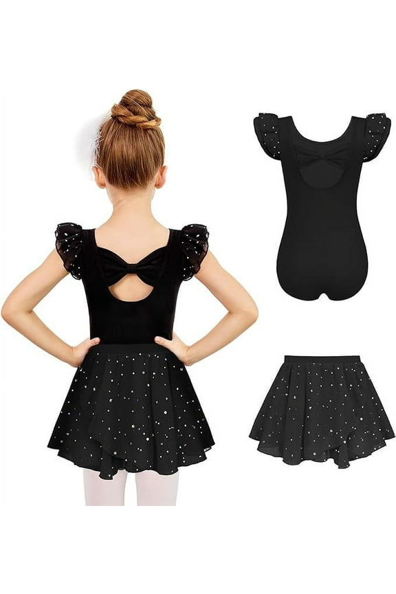 Girls Ballet Leotards Ruffle Sleeve Bow Back Toddler Dance Outfits Leotard with Removable Shinny Skirt Combo 3-11Y