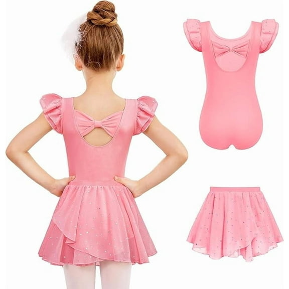 Oudiya Girls Ballet Leotards Ruffle Sleeve Bow Back Toddler Dance Outfits Leotard with Removable Shinny Skirt Combo 3-11Y