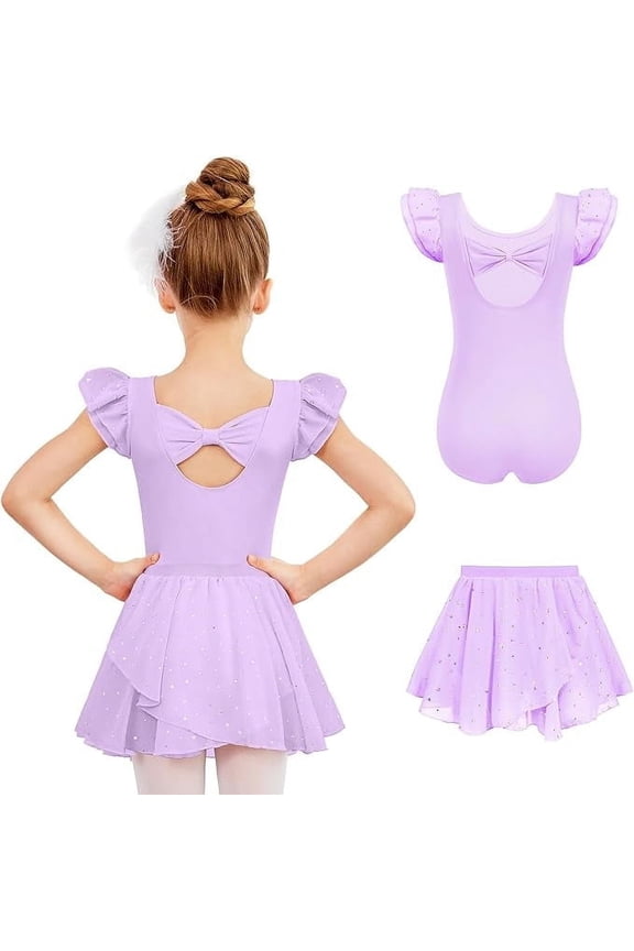 Girls Ballet Leotards Ruffle Sleeve Bow Back Toddler Dance Outfits Leotard with Removable Shinny Skirt Combo 3-11Y