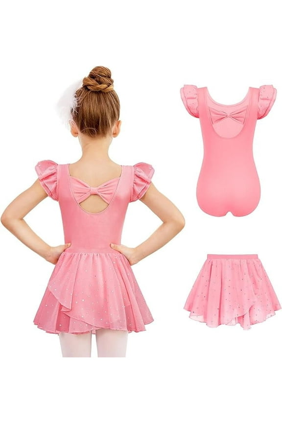 Girls Ballet Leotards Ruffle Sleeve Bow Back Toddler Dance Outfits Leotard with Removable Shinny Skirt Combo 3-11Y