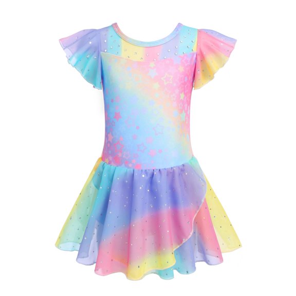 Oudiya Girls Ballet Leotards Ruffle Sleeve Shinny Dance Dress Outfits Toddler Ballerina Clothes for Kids 3-11Y