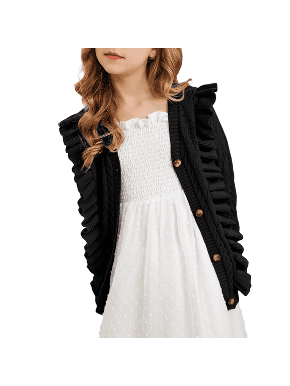 Girls Black Cardigan Sweaters Ruffle School Uniform Sweater V Neck Button Down Coat for Girls 4-13 Years