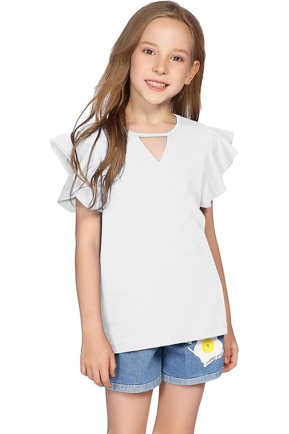 Girls Blouse Tops Ruffle Short Sleeve Tees Solid Spring Summer Keyhole Neck Cotton Shirts for Girls 5-12 Years