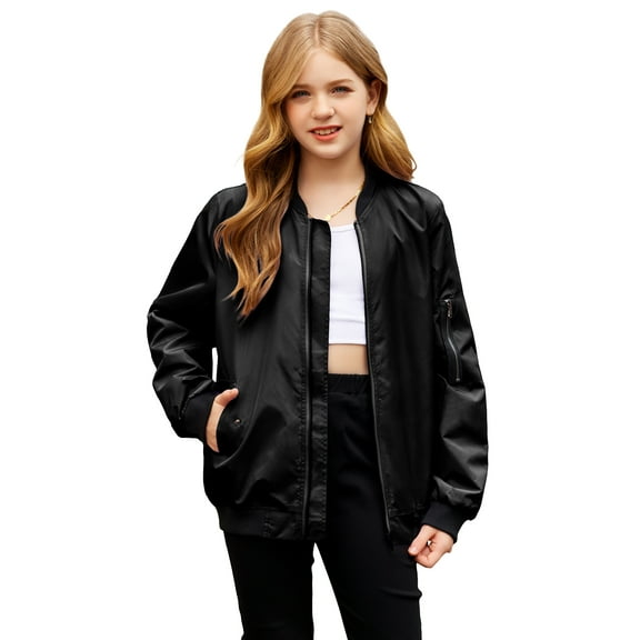 Oudiya Girls' Bomber Jacket Casual Coat Zip Up Outerwear with Pockets for 4-12 Years